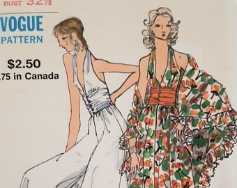 Vintage 70s Vogue 8310 UNCUT Misses Halter Dress or Palazzo Pants with Triangle Shawl Sewing Pattern Size 10 Bust 32.5