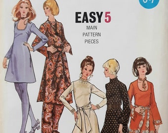 Vintage 70s Butterick 5993 Misses Mod A-Line, Mini, Midi and Maxi Dress or Tunic with Straight Pants Sewing Pattern