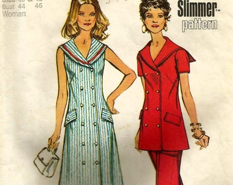 Vintage 70s Simplicity 5566 Misses Sailor Double Breasted Dress or Tunic and Pants Sewing Pattern Size 40-42 Bust 44-46