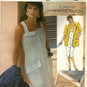 Cartamodello vintage anni '80 Simplicity 8055, non tagliato, per abito estivo da donna con bottoni frontali e giacca squadrata, taglia 8, busto 31,5.