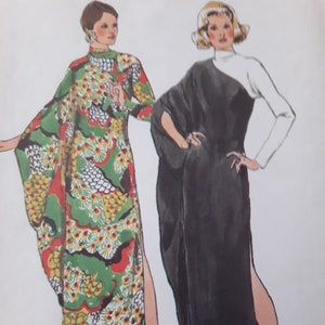 May include: Illustration of two long dresses. One is a green, red, and yellow floral print with a high collar and side slit. The other is a black dress with a white long-sleeved top and a side slit. Both dresses have a flowing design.