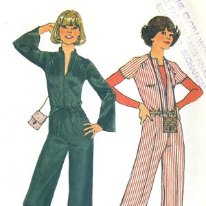 May include: Illustration of two jumpsuits. One is a dark green, long-sleeved jumpsuit with a flared leg and a small purse. The other is a red and white striped jumpsuit with short sleeves and a small purse. Both have a zipper closure.