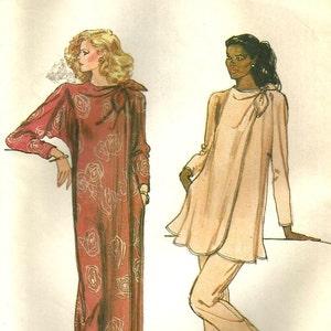 May include: A fashion illustration showing two outfits: a long, floor-length dark red dress with a white rose pattern and a side tie at the shoulder, and a light beige tunic top with a matching side tie paired with slim-fitting beige trousers.