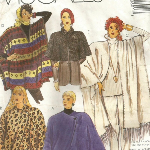 Vintage 90s McCalls 5080 UNCUT Misses Cocoon Jacket, Capelet, Ponchos Sewing Pattern Size Small Bust 32.5-34
