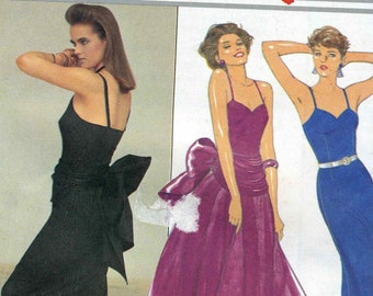 Vintage 80s estilo 4530 UNCUT Misses vestido de fiesta o de noche con patrón de costura de faja de lazo grande tamaños 12-16 busto 34-38