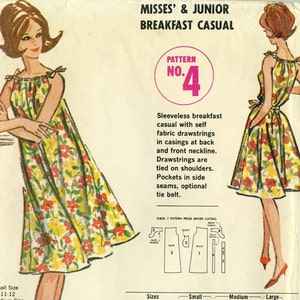 May include: A sewing pattern envelope for a sleeveless breakfast casual dress featuring a yellow, red, and green floral print. The design includes self-fabric drawstrings at the neckline that tie on the shoulders, side seam pockets, and an optional tie belt.
