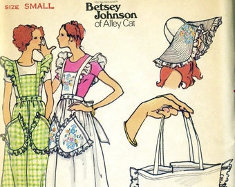 Vintage 70s Butterick 4090 UNCUT Misses  Full Apron, Floppy Hat, Tote Bag with Embroidery Sewing Pattern by Betsey Johnson