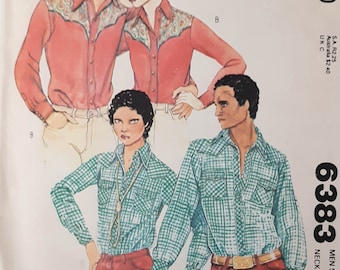 May include: Vintage McCall's sewing pattern featuring illustrations of people wearing Western-style shirts. The pattern includes a red shirt with decorative yoke and a green plaid shirt. The pattern number is 6383.