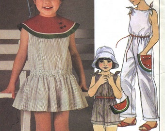 Vintage 80s McCalls 9120 UNCUT Girls Watermelon Dress, Jumpsuit, Romper and Purse Sewing Pattern
