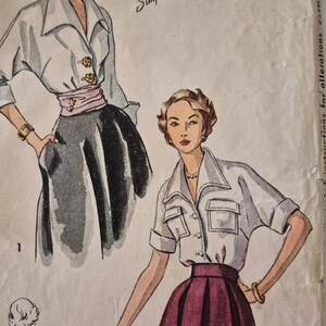 May include: Vintage fashion illustration featuring two women in stylish outfits. One wears a white blouse with a black skirt and pink belt. The other is in a white shirt and a burgundy skirt. The text "Simple to Make" is visible.