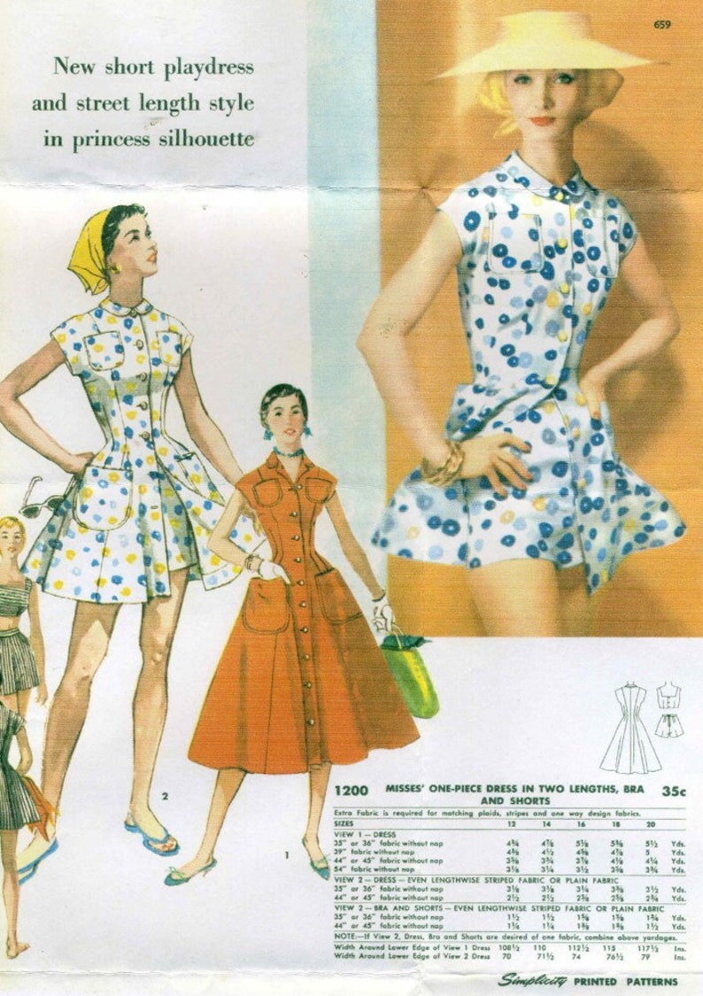 Vintage 50s Simplicity 1200 UNCUT Misses Play Dress, Beach Romper, Cropped Bra Top and Shorts Sewing Pattern Size 16 Bust 34 image 1