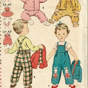 Vintage 50s Simplicity 4417 Toddler Girls and Boys Childs Overalls, Jacket and Bonnet with Bunny Applique Transfer Sewing Pattern Size 1