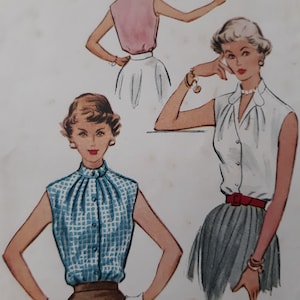 Vintage 50s McCalls 9316 Misses Midcentury Front Button Blouse with Sunburst Pleats Sewing Pattern Size 12 Bust 30