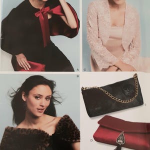 May include: A sewing pattern featuring four different designs: a black top with a red bow, a pink lace shrug, a black and brown fur shawl, and two different styles of evening clutches. The pattern is priced at $2.50.