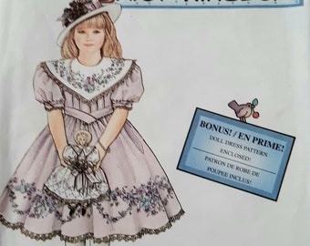 Vintage 90s Simplicity 8867 UNCUT Daisy Kingdom Girls Dress and Matching Porcelain Doll Dress Sewing Pattern Sizes 5-6X