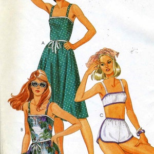 Vintage 80s McCalls 8031 UNCUT Misses Sundress, Playsuit and Skirted Bathing Suit Sewing Pattern Size 12 bust 34