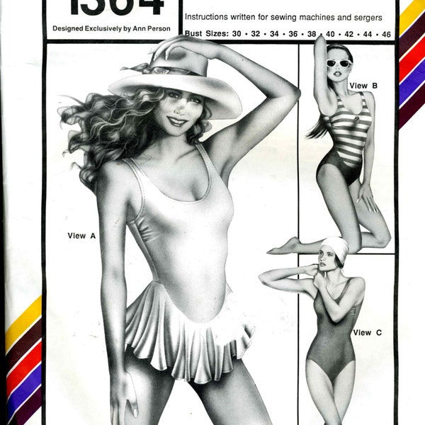 Vintage 80s Stretch and Sew 1364 UNCUT Misses Skirted Swimsuit and Maillot Sewing Pattern Bust Sizes 30-46