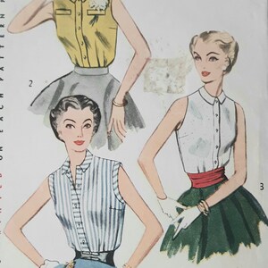 Vintage 50s Simplicity 4238 Midcentury Misses Simple Front Button Sleeveless Blouse with Sewing Pattern Size 12 Bust 30