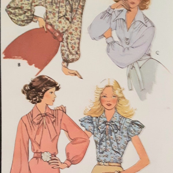 Vintage 70s McCalls 4602 UNCUT Misses Blouses with Front Tucks and Bow Tie with Sleeve Variations Sewing Pattern Size 14 Bust 36