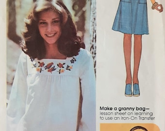 Vintage 70s McCalls 4663 Misses Boho Embroidered Dress or Tunic Top Plus Belt with Granny Bag Purse Sewing Pattern