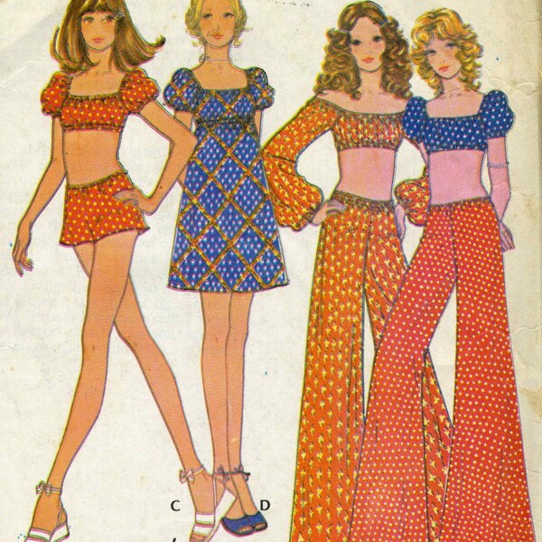 Vintage 70s McCalls 3207 UNCUT misses Vestido de estilo campesino, Crop Top, pantalones acampanados y pantalones cortos costura patrón tamaño pequeño busto 31.5-32.5