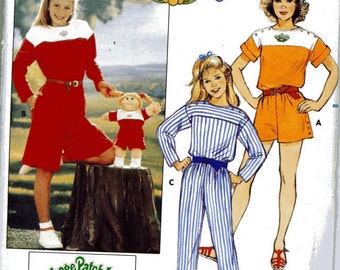 Vintage 80s Butterick 3085 UNCUT Cabbage Patch Kids Girls Jumpsuit and Doll Outfit Sewing Pattern Size 7-10