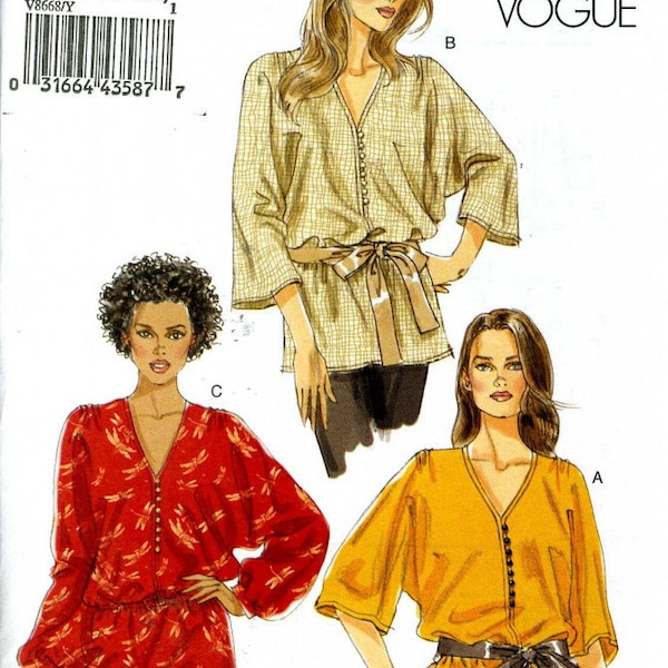 Vogue 8668 UNCUT Misses Loose-Fitting Hip Length Blouse or Tunic Pattern Size XSM- MED Bust 29.5-36