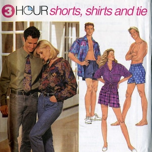 May include: An advertisement featuring various clothing items. A couple is shown wearing a patterned tie and blouse with jeans. Other models are wearing shorts and shirts. The text "3 HOUR shorts, shirts and tie" is at the top.