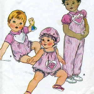 May include: Illustration of three children wearing pink and white striped outfits with heart-shaped accents. One child holds a toy. The outfits include a romper, a jumpsuit, and a two-piece set with a matching hat. The text "RUTH SCHARF" is at the bottom.