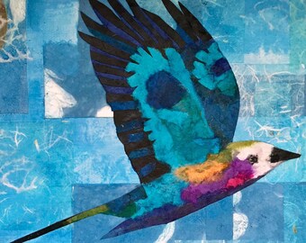 Fine Art Print of Colorful Folk Art Bird Collage Flying Birds
