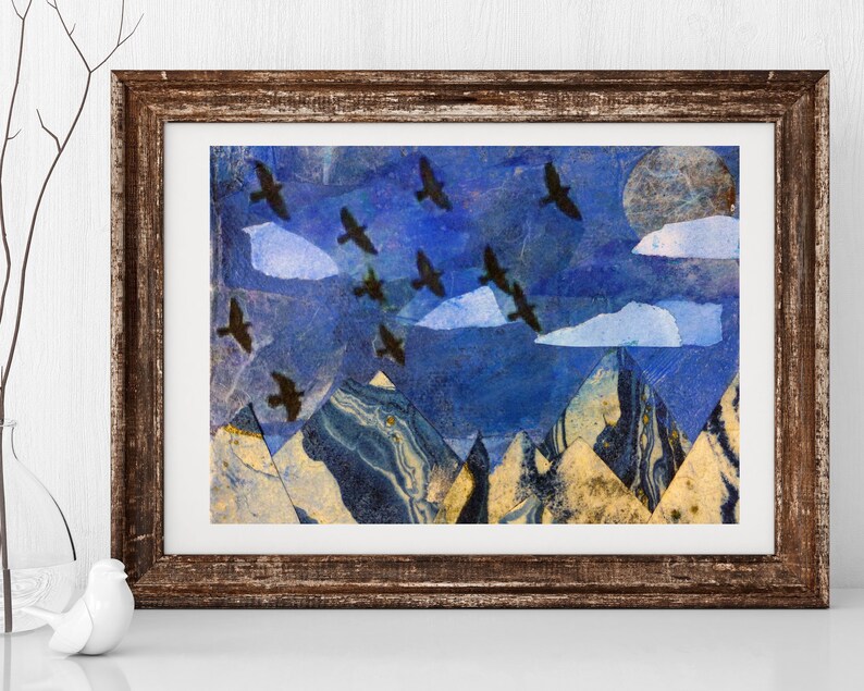 Fine Art Print of Colorful Folk Art Bird Collage Flying Birds