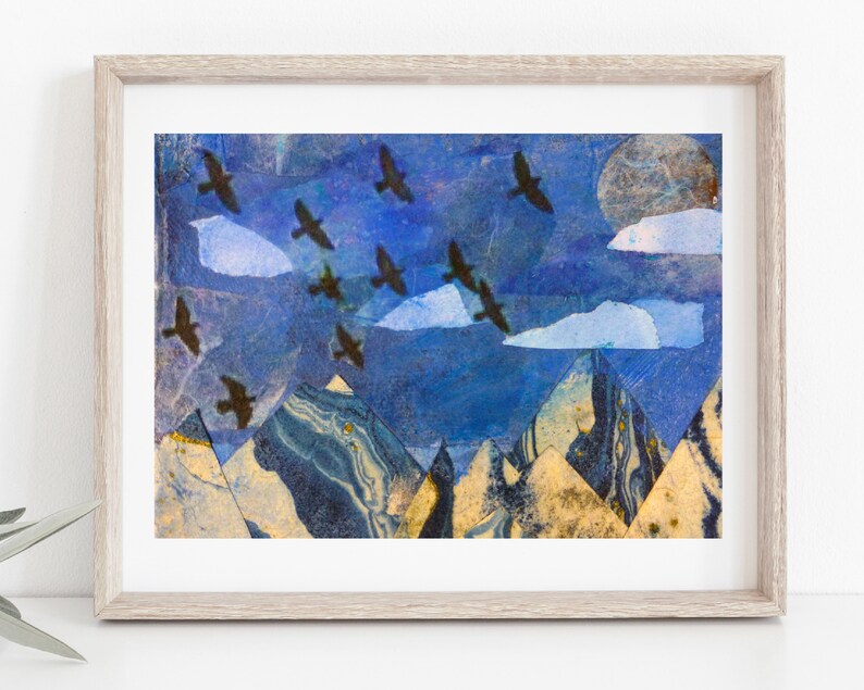 Fine Art Print of Colorful Folk Art Bird Collage Flying Birds