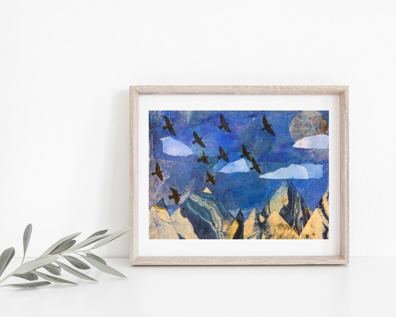 Fine Art Print of Colorful Folk Art Bird Collage Flying Birds
