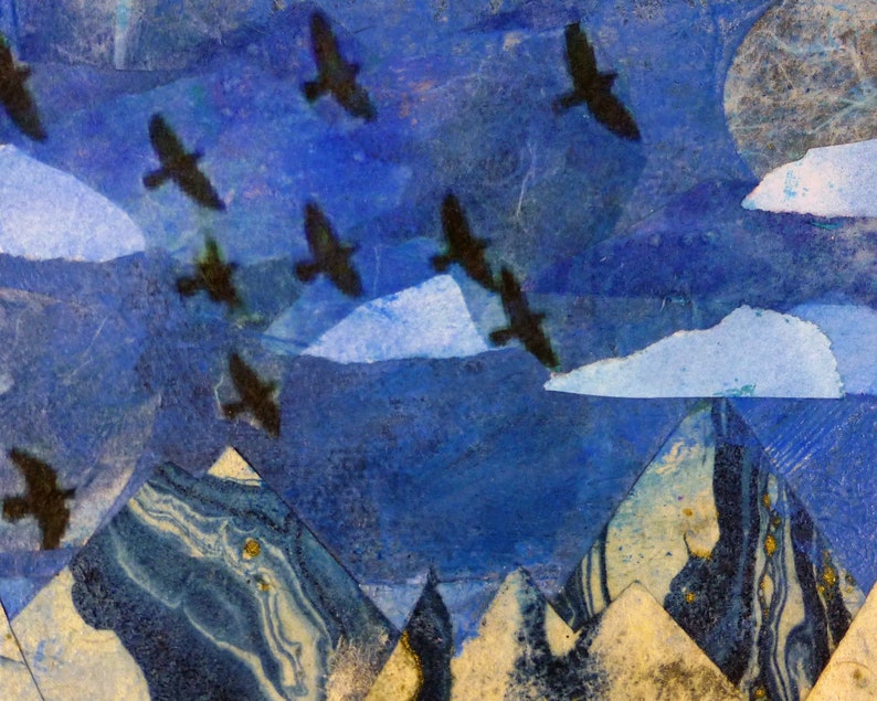 Fine Art Print of Colorful  Folk Art Bird Collage Flying Birds