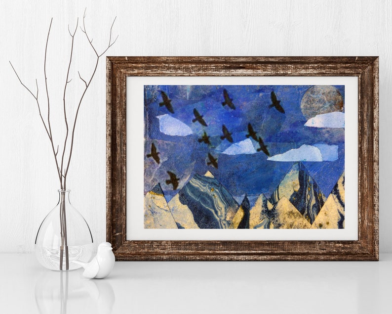 Fine Art Print of Colorful Folk Art Bird Collage Flying Birds