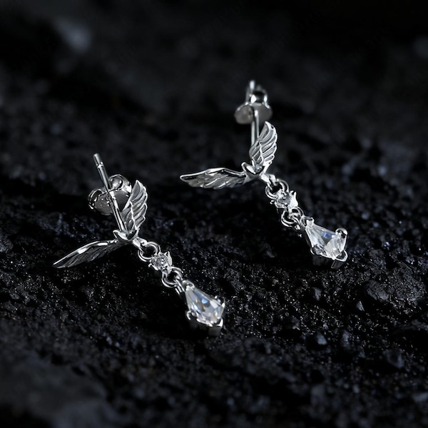 Gothic Fallen Angel Wing Earrings, 925 Silver Dangle Studs, Dark Academia Jewelry