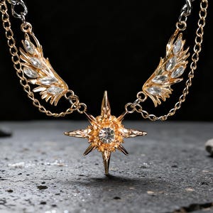 Gothic Winged Star Necklace: White Gem Gold Fallen Angel Pendant