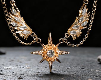 Gothic Winged Star Necklace: White Gem Gold Fallen Angel Pendant
