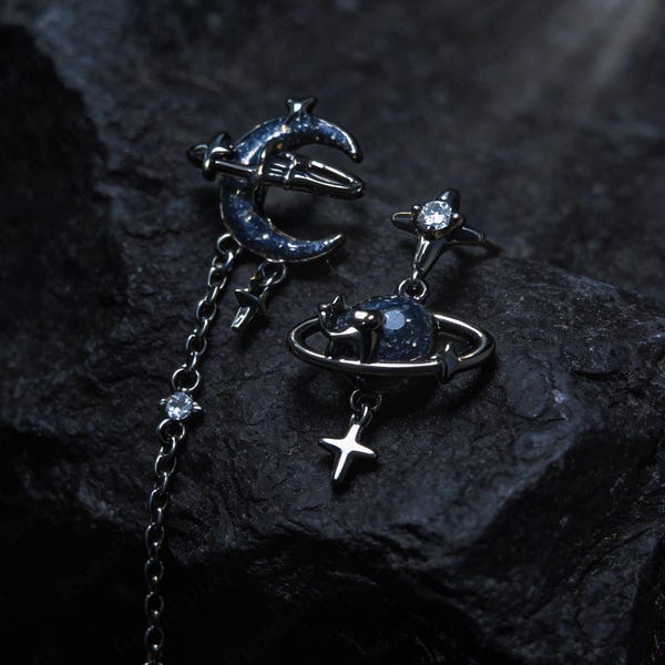 Asymmetric Moon Planet Earrings: Blue Galaxy Celestial Dangle Studs