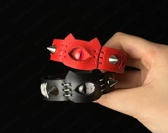 Adjustable Gothic Red/Black Cat Ear Leather Cuff with Eye, Spiked Studded Punk Goth Bracelet, RivenPunkArtisans Handmade, Unique Couple