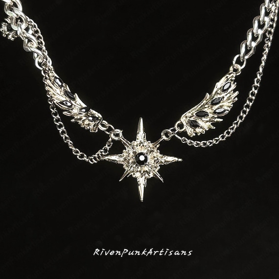 Gothic Winged Star Necklace: Black Gem Fallen Angel Pendant