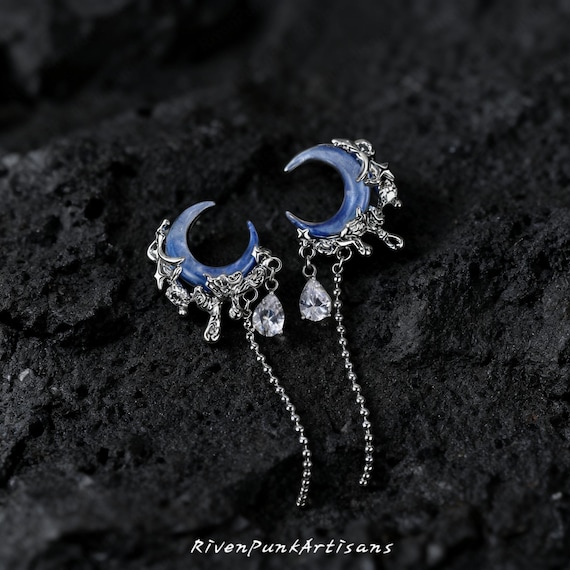 Gothic Moon Earrings: Dark Thorn Blue Crescent Studs, Teardrop Zircon Tassel Long Chain Dangles