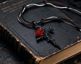 Gothic Rose Cross Necklace: Black Thorn Design, Multi-Strand Cord Vampire Jewelry