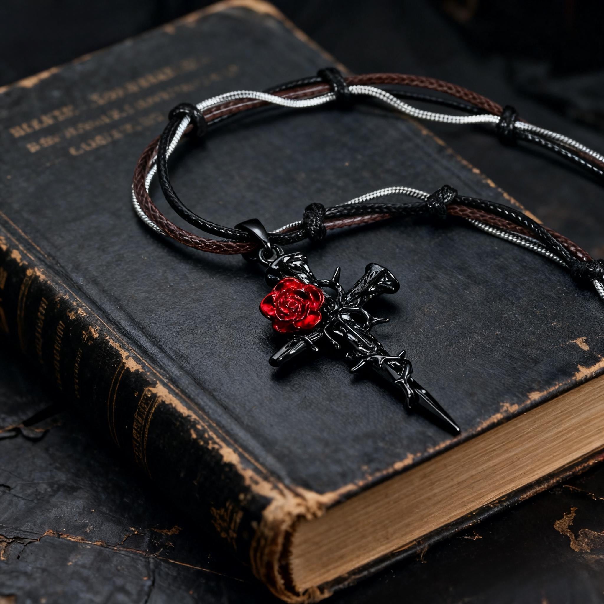 Collier gothique ras de cou en tissu brodé orné de croix et d'une pierre