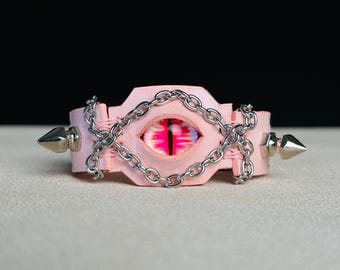 Handmade Pink Punk Leather Bracelet - Gothic Striking Red Eye Cuff with Studs & Chains, Pastel Goth Alternative Jewelry, Statement Wristband