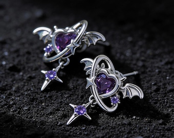 Gothic Bat Wing Earrings, Purple Heart Zircon, S925 Silver Posts, Y2K Punk Dangle Studs