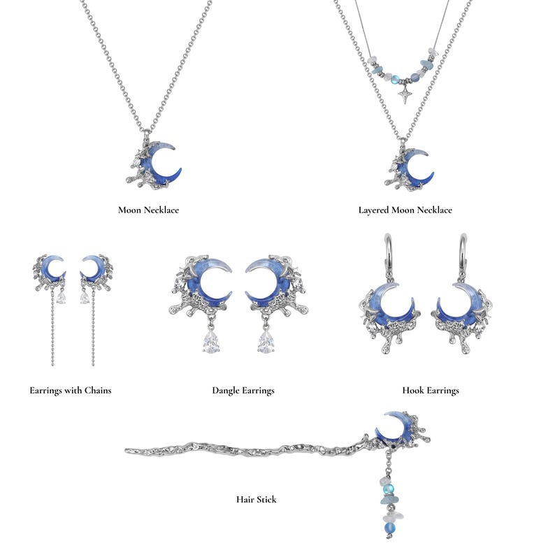 May include: A collection of celestial-themed jewelry featuring crescent moon pendants and earrings. The pieces include a moon necklace, layered moon necklace, earrings with chains, dangle earrings, hook earrings, and a hair stick. The jewelry has a silver finish with blue accents.