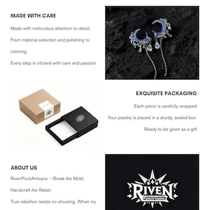 May include: The image showcases the brand "RivenPunkArtisans". It features a pair of moon-shaped earrings with dangling accents, a brown box, a black jewelry box, and the brand's logo. Text highlights meticulous craftsmanship and exquisite packaging.