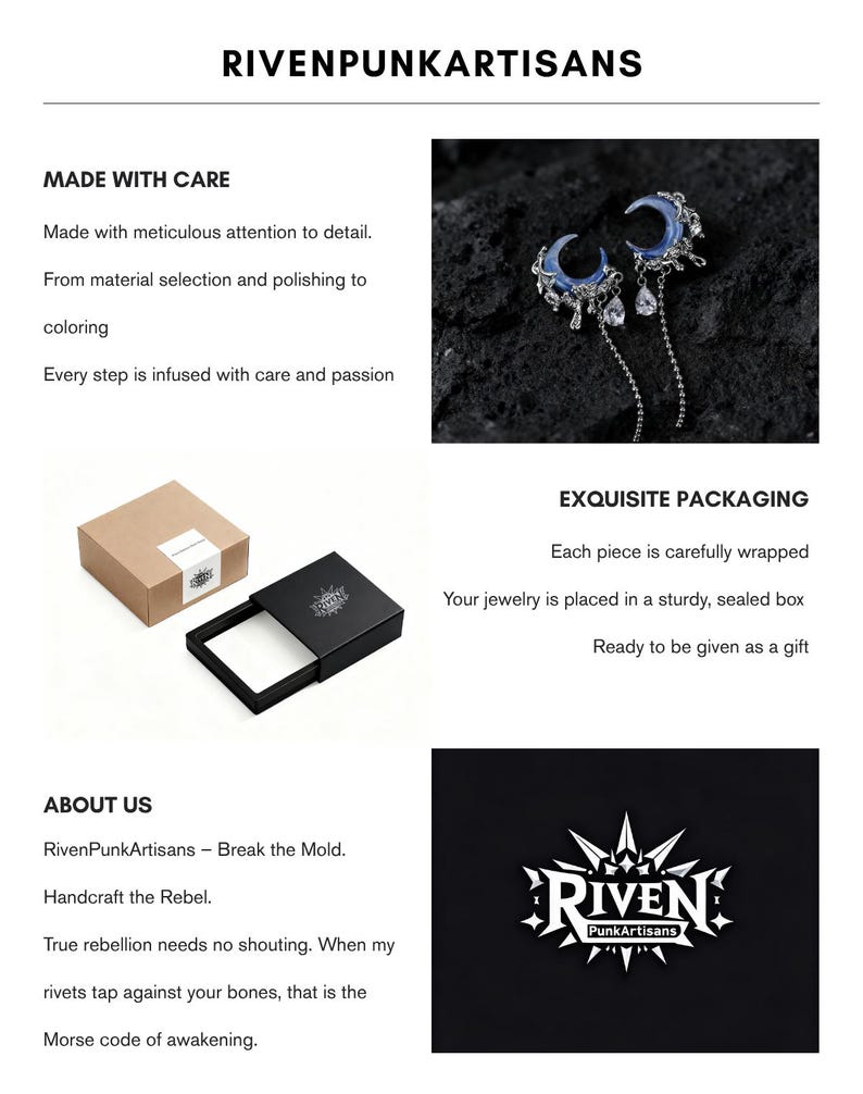 May include: The image showcases the brand "RivenPunkArtisans". It features a pair of moon-shaped earrings with dangling accents, a brown box, a black jewelry box, and the brand's logo. Text highlights meticulous craftsmanship and exquisite packaging.