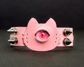 Handmade Pink Cat Ear Leather Cuff, Cute Spiked Punk Bracelet, Kawaii Goth Jewelry with Pink Eye, Pastel Goth Wristband, Bridesmaid Gifts